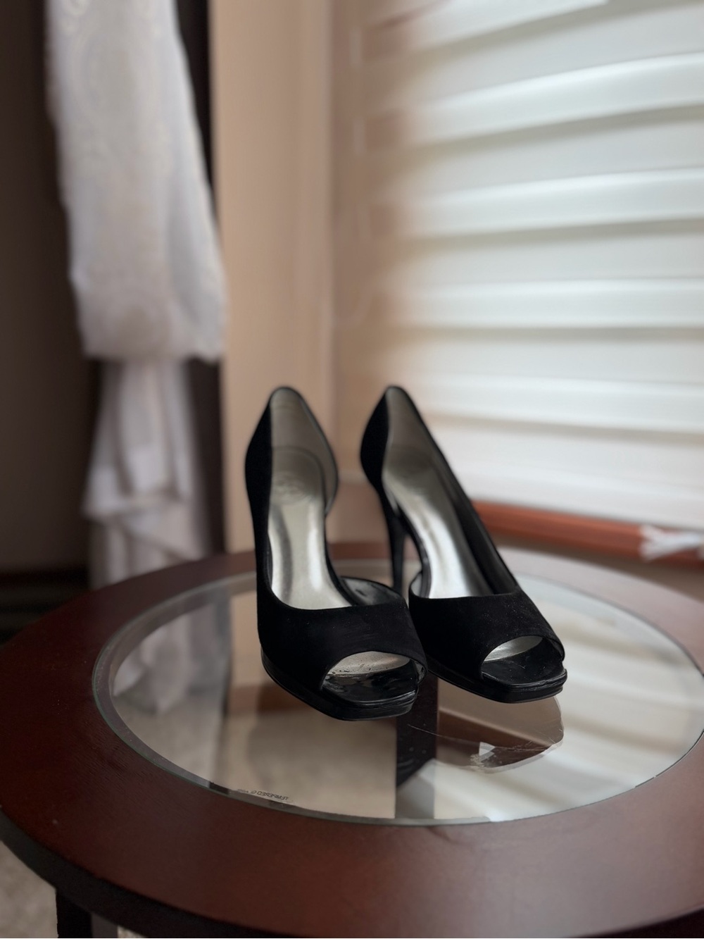 Jessica Black Suede Peep-Toe Heels